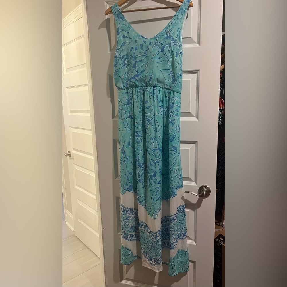 Vinyard Vines Blue and Teal Maxi Printed Palm leaf